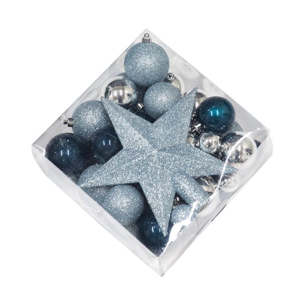 Joulukuusen koristesetti tähdellä  NORDIC WINTER sininen/hopea 50 osaa