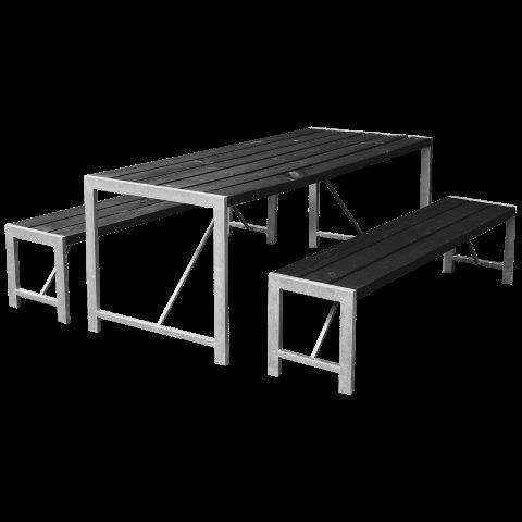 Pöytä ja 2 penkkiä H-malli mustaksi petsattu ja galvanoitu runko